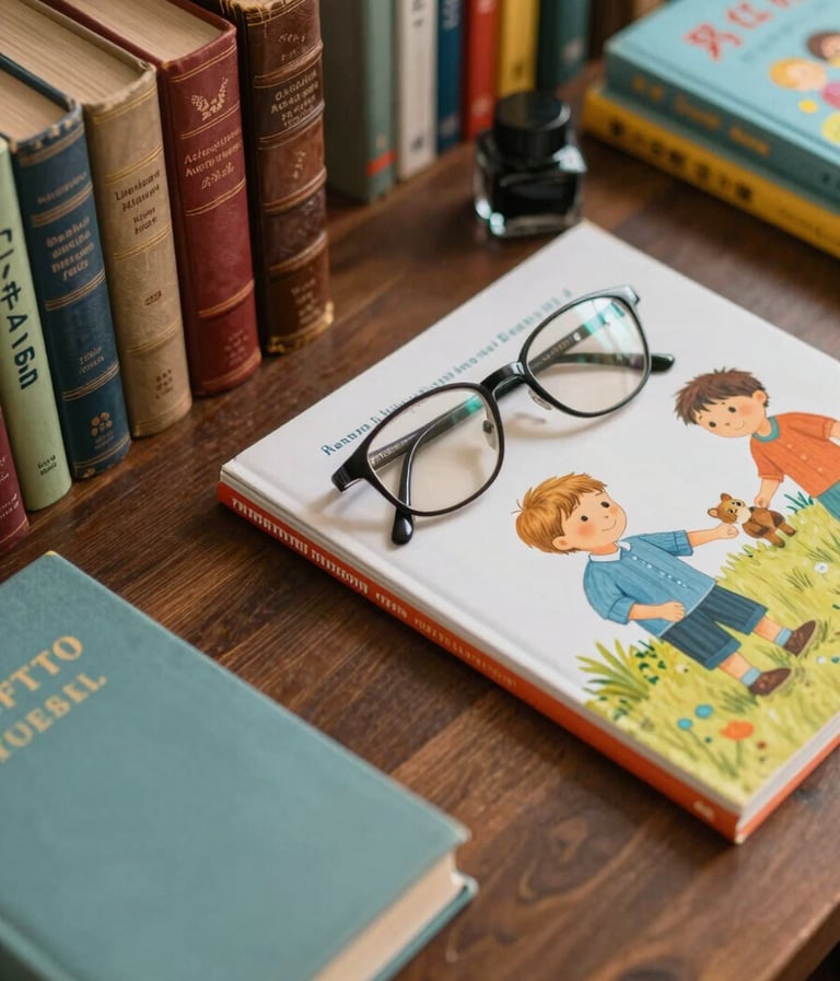 A sophisticated top-down view of a librarian's desk featuring a mix of vintage leather-bound books and brightly colored modern children's picture books. Include a pair of elegant reading glasses and a small pot of ink. The lighting is soft and warm, incorporating the brand colors #7A9E9F and #D4B281 in the book spines and desk accessories.