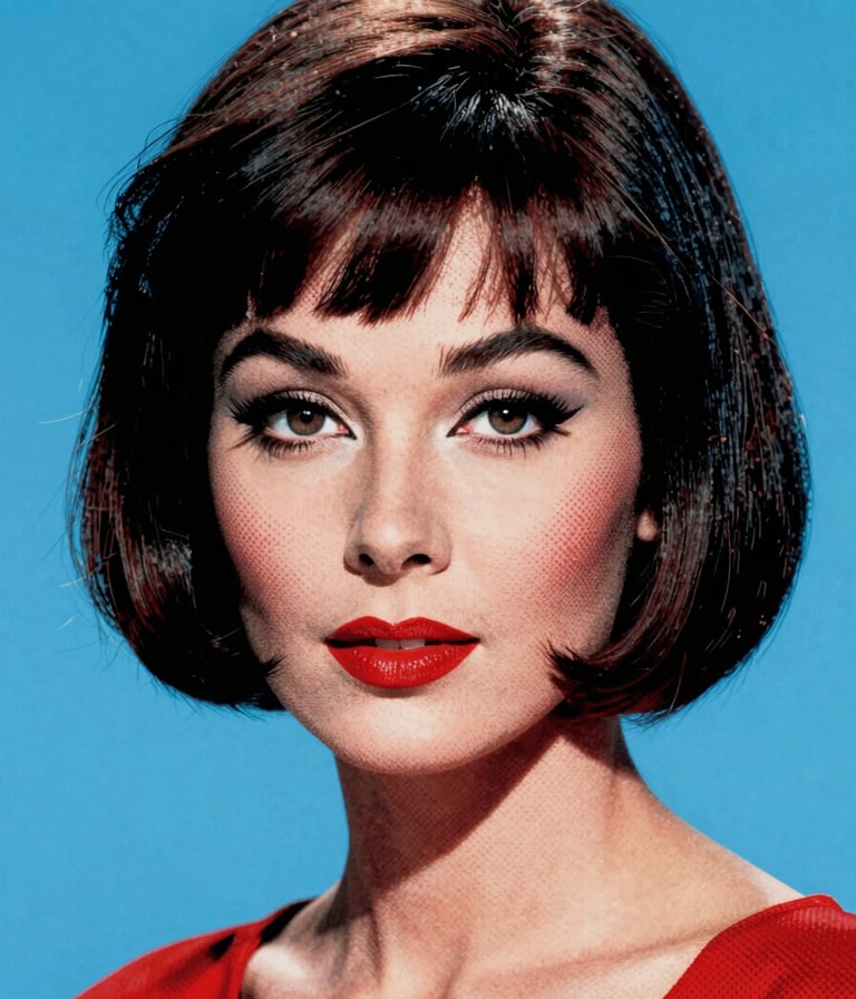 Pop Art portrait of a woman with a sharp bob haircut in the style of 1960s French cinema. Bold #1A1A1A black outlines, skin textured with #D4202B red halftone dots, set against a flat #0050B3 blue background. High contrast, comic book aesthetic.