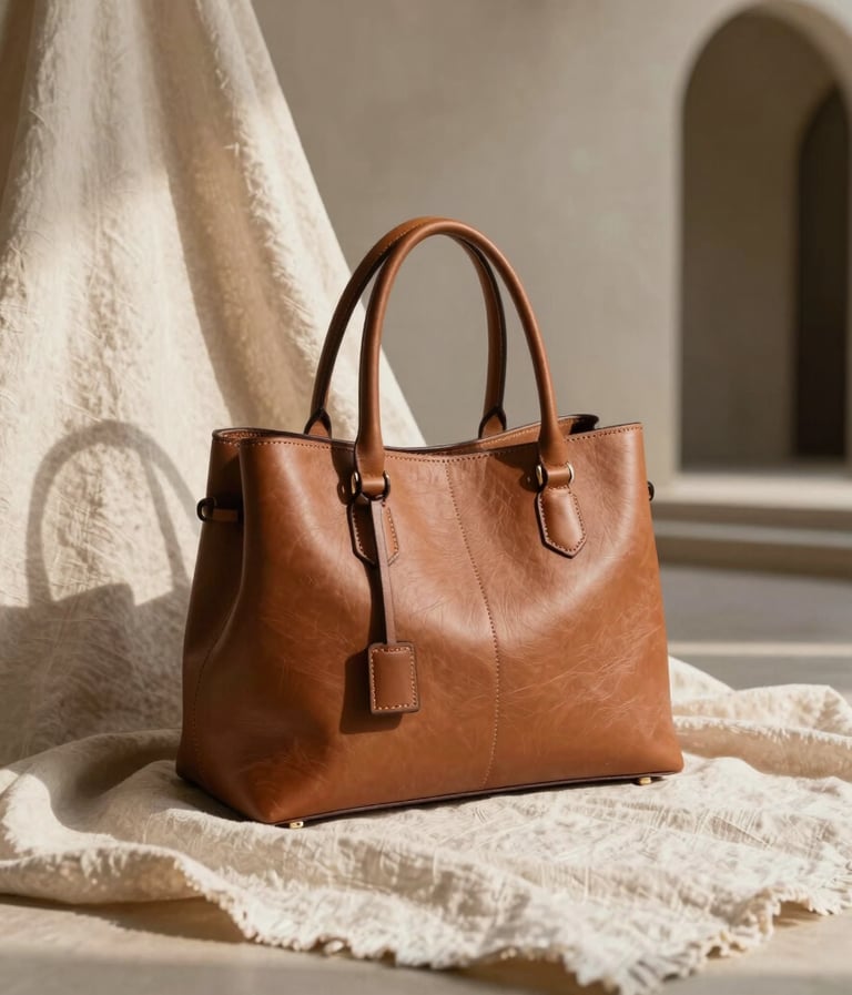 An elegant, high-fashion editorial product photograph of a handmade leather handbag resting on raw linen drape. Natural morning light casting soft artistic shadows, warm beige and soft brown color scheme, set in a Brazilian architectural backdrop, clean minimalist composition.