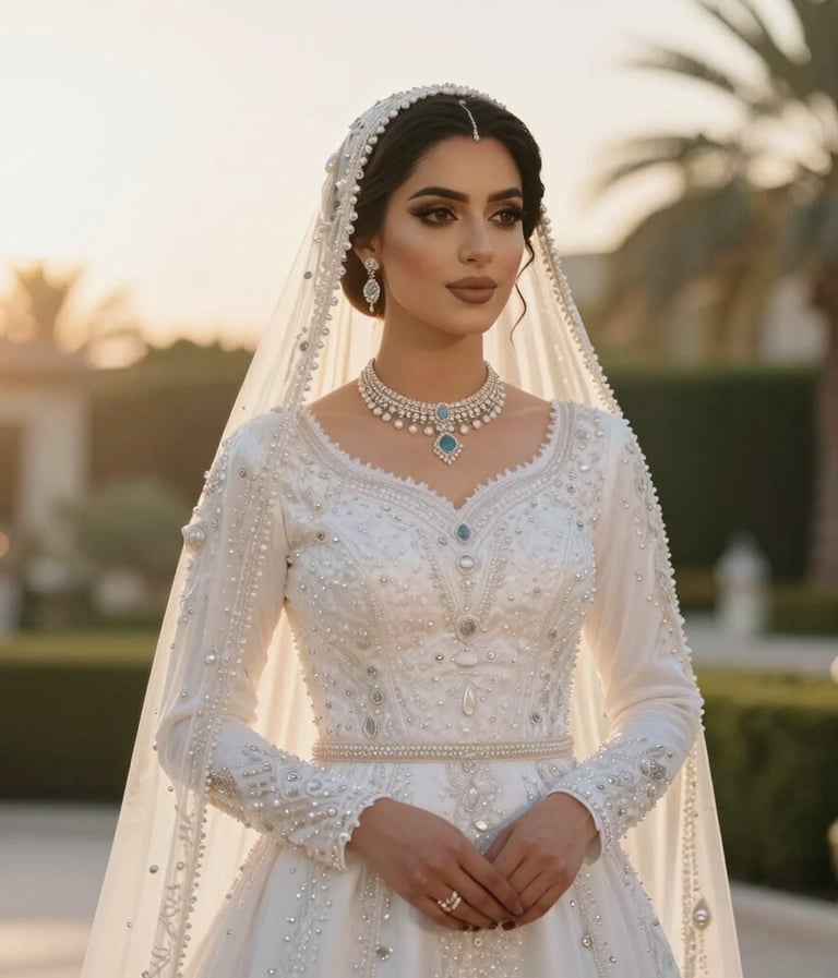 A stunning portrait of a Middle Eastern bride in a traditional yet modern white dress, warm golden hour lighting, luxurious outdoor garden setting in the Gulf, high-quality professional photography.