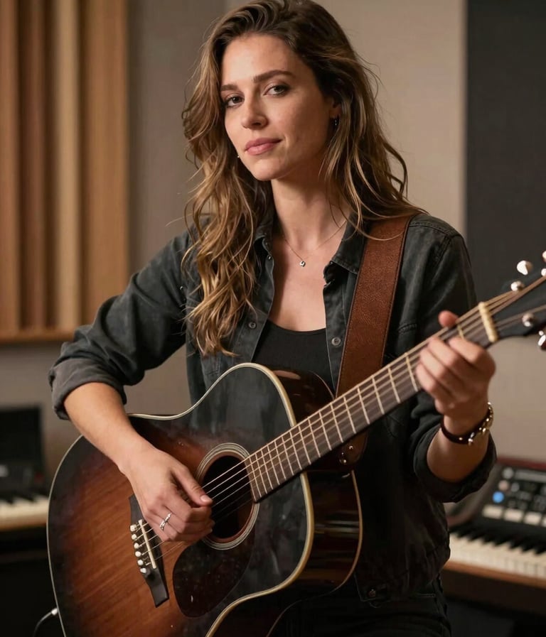 A professional portrait of a soulful singer-songwriter in a North American / US recording studio. The artist is holding a Dark Charcoal Brown acoustic guitar. The lighting is warm and intimate, with Soft Pearl Beige highlights creating a timeless, artistic mood.