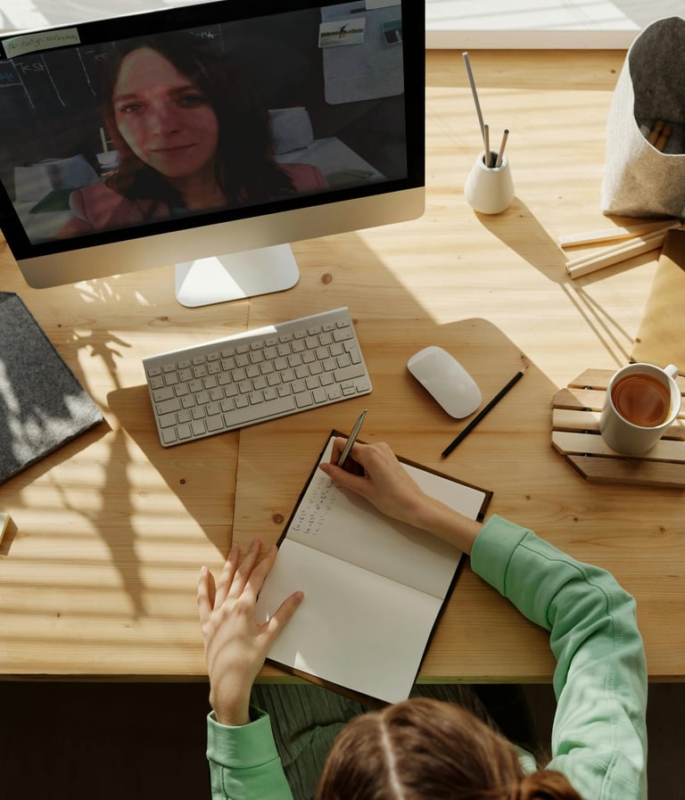 A student taking notes in a notebook during a remote learning video call on a desktop computer.