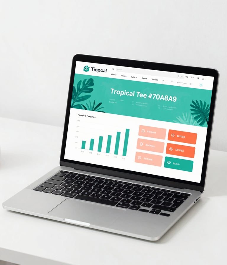 A high-end, minimalist studio shot of a laptop on a white desk, displaying a clean fintech dashboard with Tropical Teal #70A8A9 charts and Burnt Peach #E67D62 buttons against a white background, soft natural lighting.