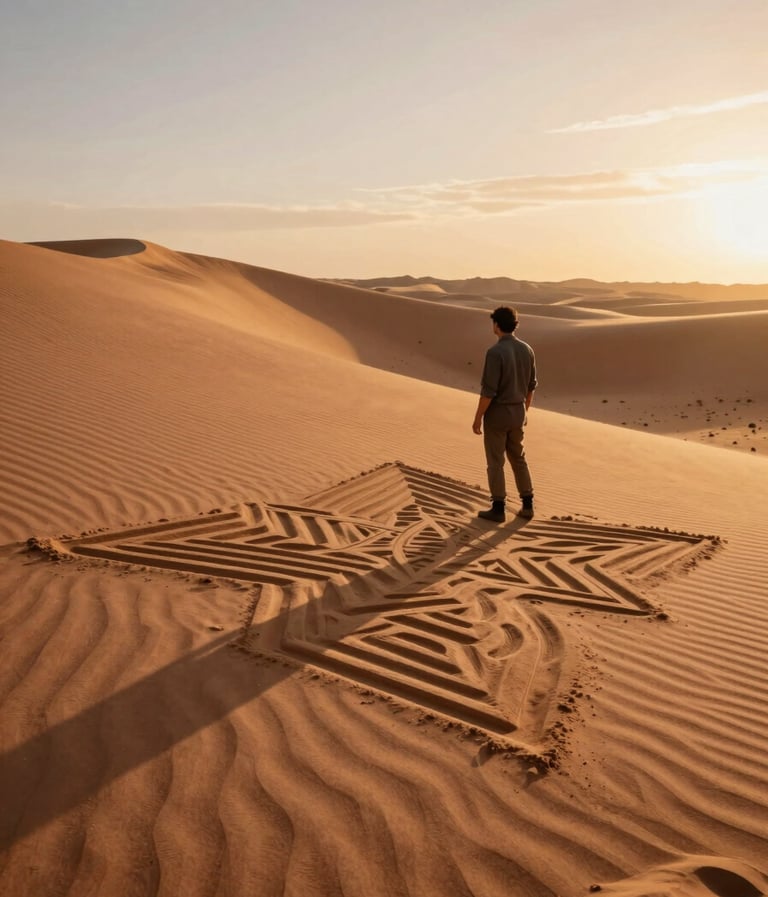 A cinematic wide shot of a lifestyle artist standing on a vast sand dune at sunset. The artist is looking over a massive, intricate geometric sand mural carved into the soft sand. The lighting is warm and sun-drenched, with long charcoal-colored shadows. The sky is a mix of terracotta and soft sand tones.