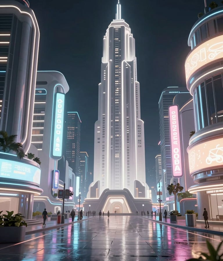 A high-end 3D render of a futuristic North American / US cityscape at night, vibrant neon signage reflecting on wet pavement, soft pearl white and slate gray highlights, cinematic wide composition.