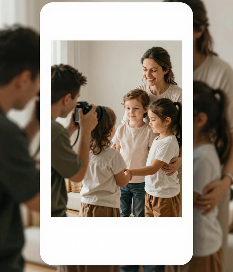 A trustworthy and warm image of a photographer interacting gently with a family during a shoot. The scene exudes professionalism and connection. Natural light, soft textures, with the brand color #B8ADAD present in the decor.