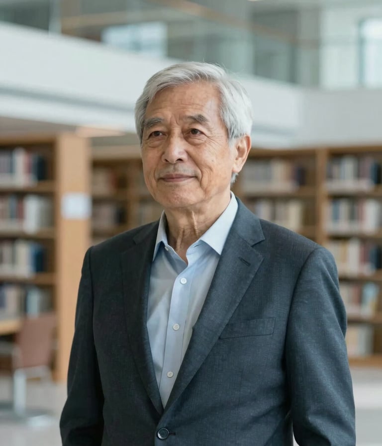 A professional portrait of a senior professional looking thoughtfully off-camera, set against a blurred background of a modern library or research facility. The lighting is sophisticated and soft, using a palette of #4A6D7C and #F5F8FA to convey intellectual authority.