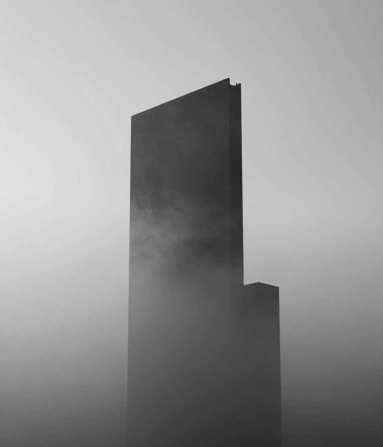 A powerful architectural silhouette against a foggy, morning light. Minimalist form showing only the essential structure. Moody and philosophical, using #333333 and #F9F7F2.