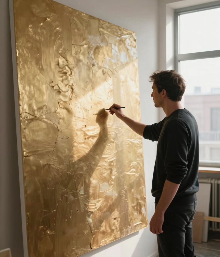 A professional artist in a minimalist International / Global Art Scene studio, working on a large canvas with Soft Gold and Antique Bronze textures. Soft, natural morning light pours through a large window.