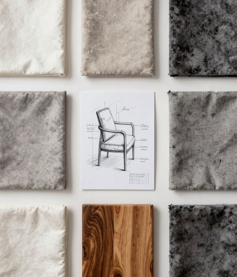 Photographie d'un croquis de conception de décor à côté d'échantillons de tissus luxueux et de bois laqué, lumière de studio diffuse, composition symétrique et raffinée, palette blanc cassé et gris.