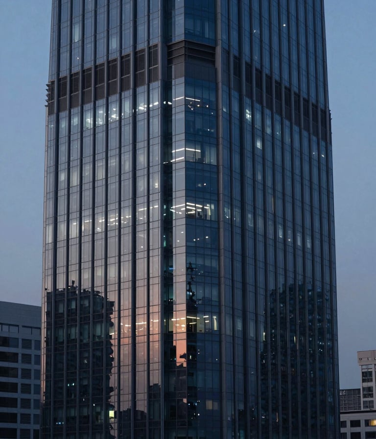 A high-resolution cinematic wide shot of a modern glass skyscraper during blue hour, featuring sharp reflections, minimalist composition, and a color palette of deep blues (#4A616F) and charcoal (#1A1A1A). Lighting is atmospheric and refined.