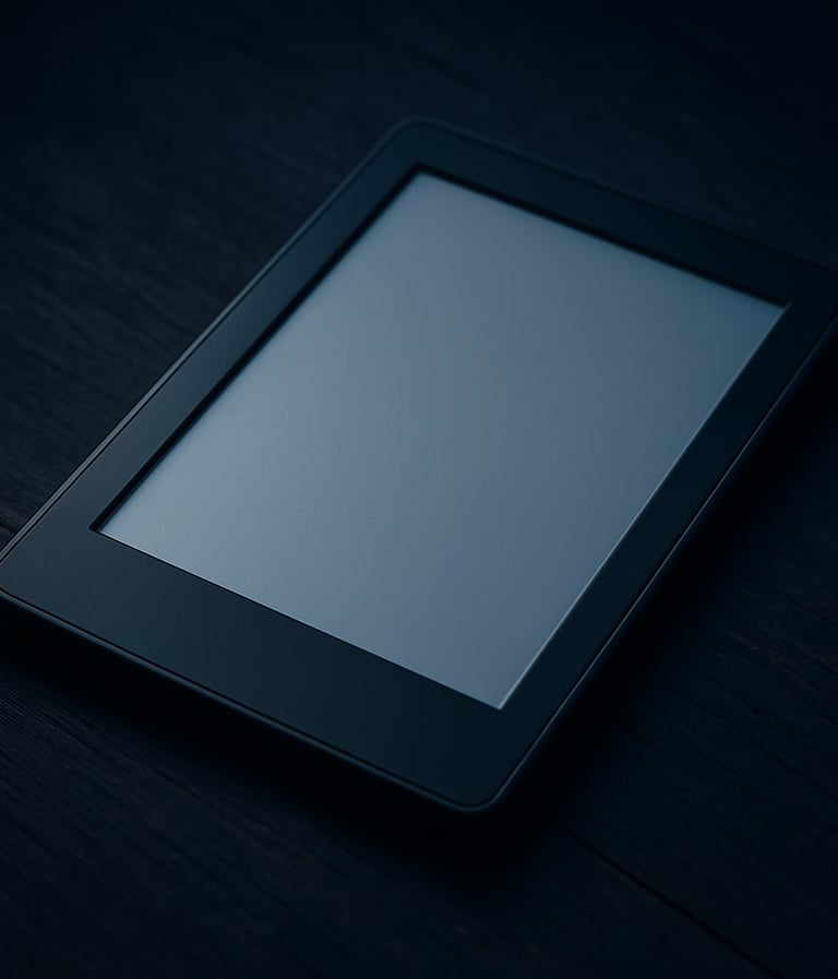 Professional studio photography of an e-book cover displayed on a sleek e-reader, resting on a dark wood surface. The lighting is sophisticated with navy blue shadows, reflecting a serious and professional Brazilian literary market aesthetic.