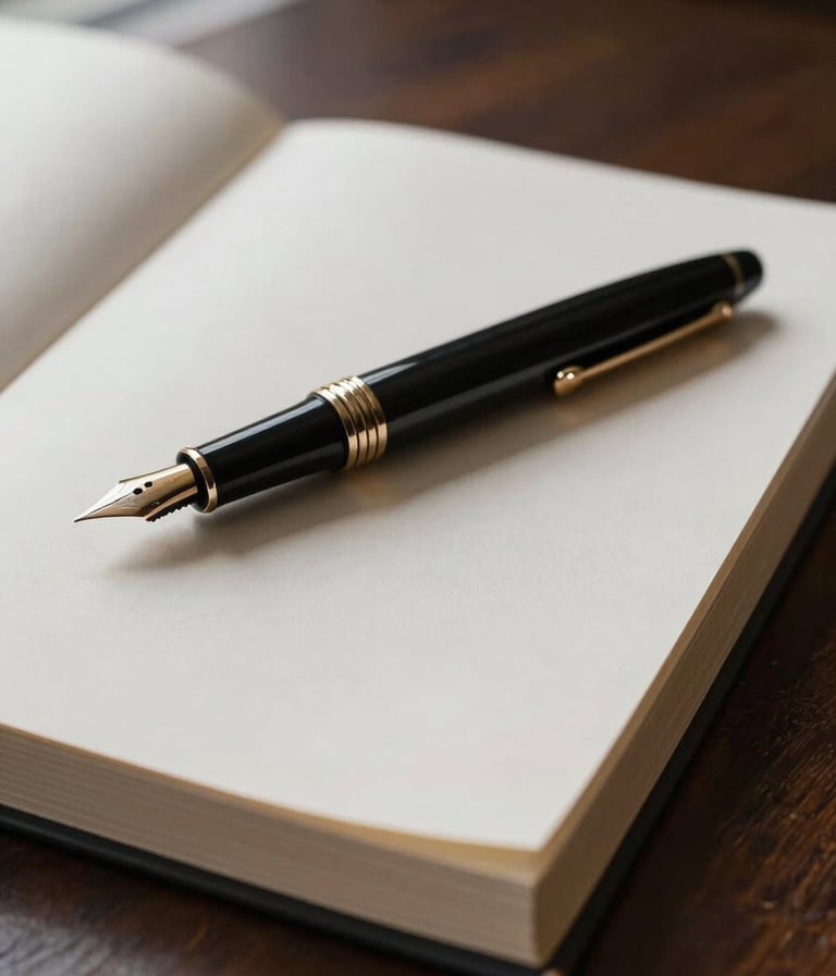 A close-up, minimalist photograph of a high-end fountain pen resting on a stack of thick, cream-colored archival paper. The lighting is soft and directional, coming from a window, highlighting the texture of the paper. The background is a dark espresso wood surface. The mood is quiet and focused.