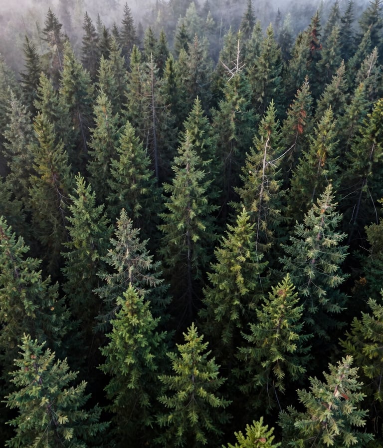 An aerial wide-angle shot of a dense North American pine forest in the Pacific Northwest, shrouded in light morning mist, featuring varying shades of dark green foliage.