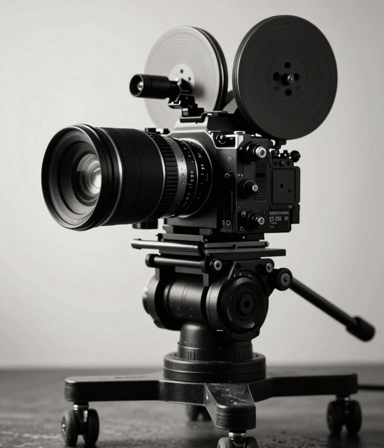 A sophisticated, high-contrast black and white photograph of a professional film camera on a dolly in a North American / US studio setting. The lighting is dramatic, with deep charcoal shadows and bright soft off-white highlights on the metallic surfaces of the lens.