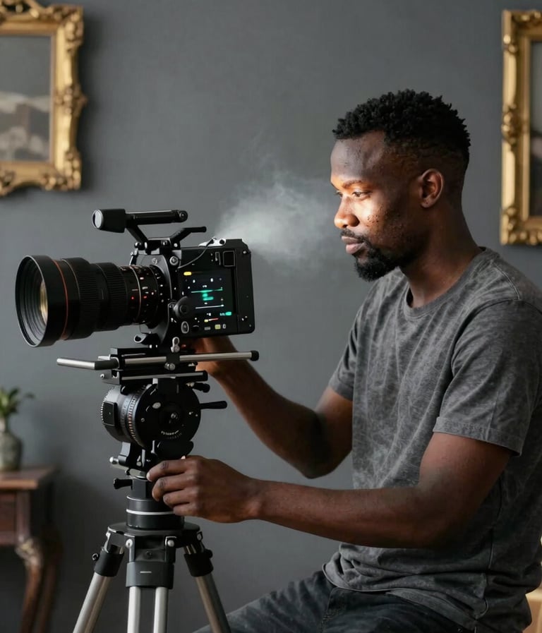 A professional Angolana filmmaker in a charcoal slate grey studio editing a documentary, soft misty white screen glow on face, antique burnished gold accents in the room decor.