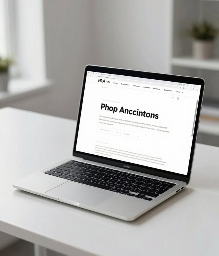 A high-end laptop sitting on a minimalist white desk in a bright North American / US professional office, screen showing a clean website with deep black typography and soft white backgrounds, cinematic lighting.