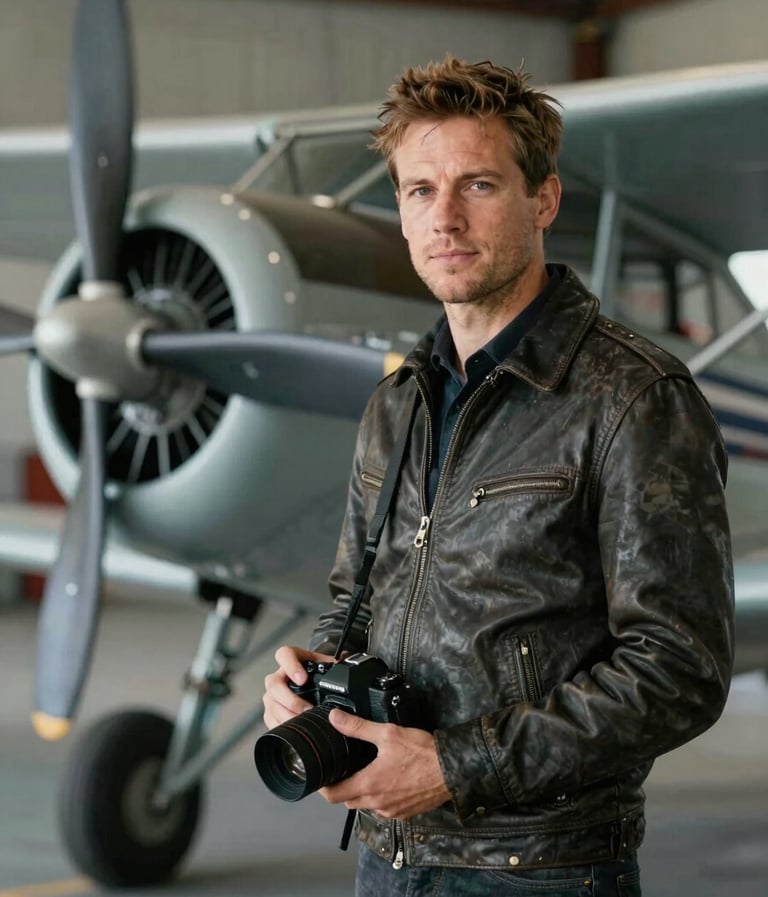 A portrait of photographer Elias Vance standing in a hangar next to a vintage propeller plane. He is wearing a dark leather jacket, holding a professional camera. The background is slightly blurred with #5D6D7E and #F8F8F8 tones.
