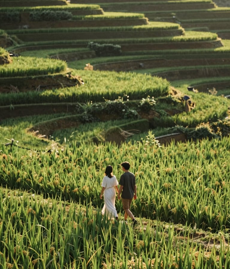 A wide, emotive shot of a couple walking through emerald green rice terraces. The lighting is golden hour warmth, creating a nostalgic film-like quality with deep #2C2B29 shadows and soft #D4C7BB highlights.