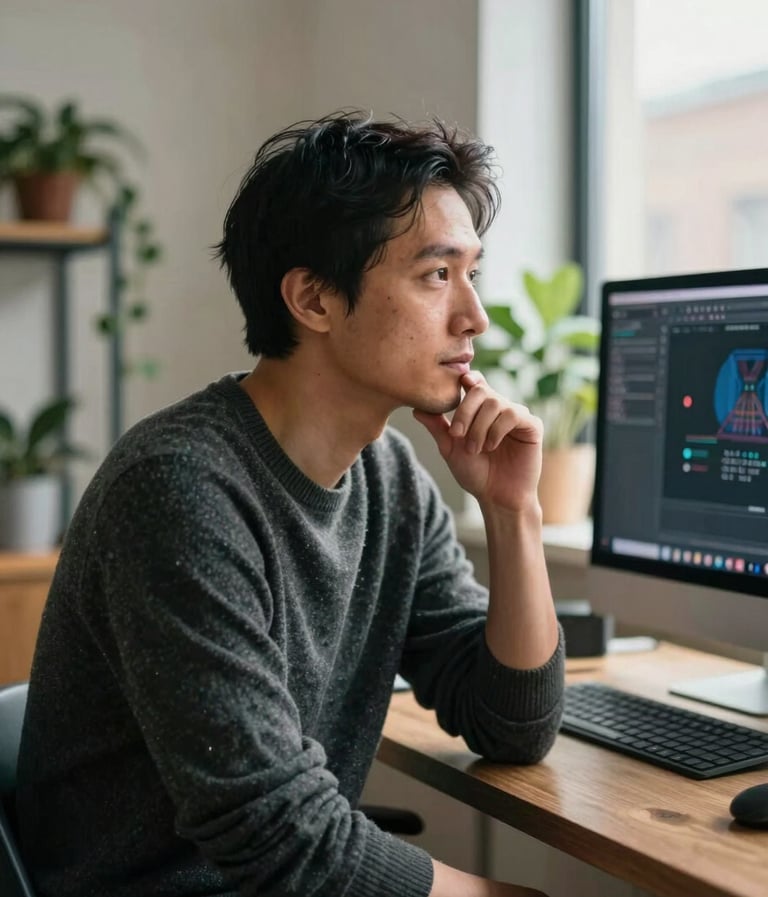 A warm, candid portrait of a filmmaker in his 30s, dressed in a charcoal sweater, looking thoughtfully at a screen in a modern workspace. The setting is a cozy North American / US loft with soft morning light and indoor plants.