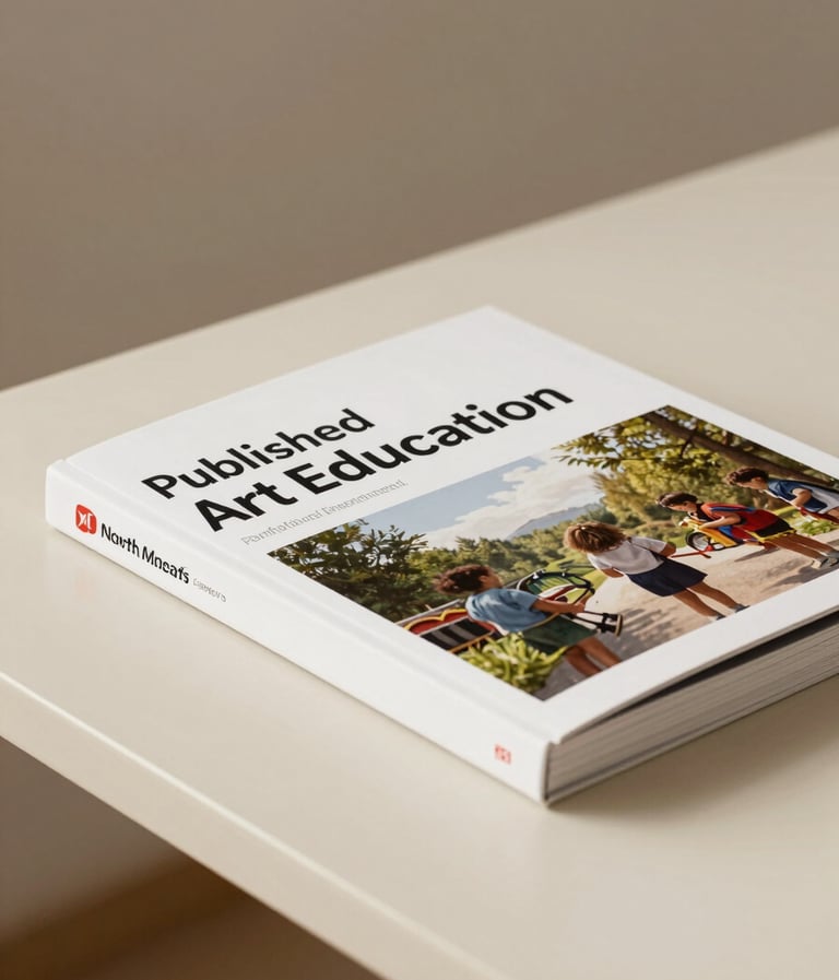 A clean, professional photography shot of a published art education book on a cream-colored desk, soft tan background, professional lighting, reflecting an academic and sophisticated North American style.