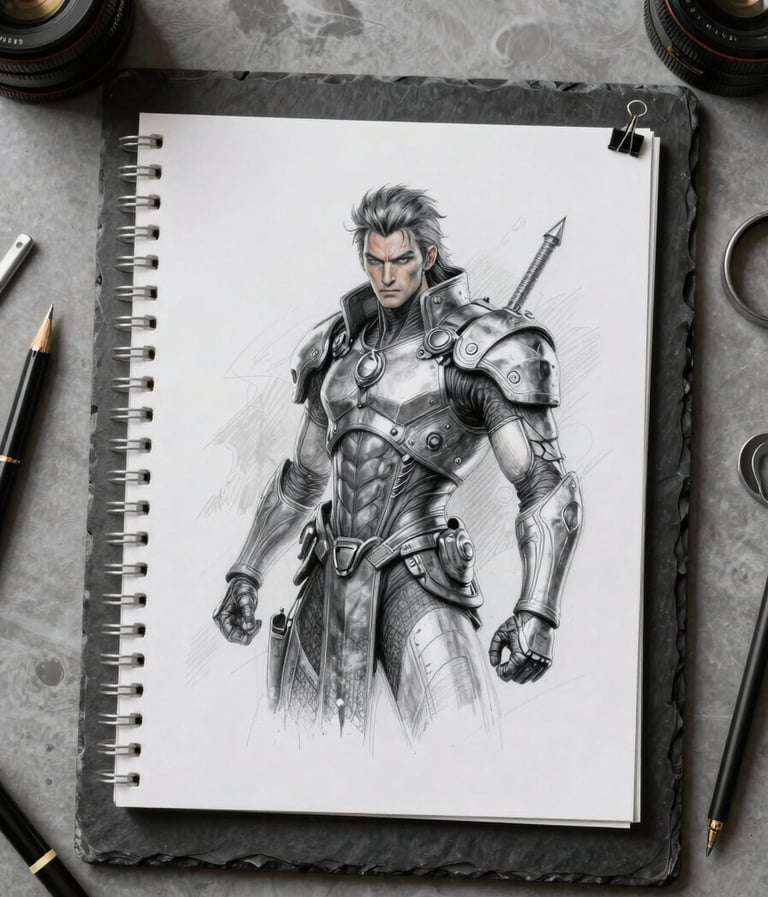 Cinematic photography of a character design sketch pinned to a charcoal slate board in a North American / US creative workspace, surrounded by silver mist design tools.