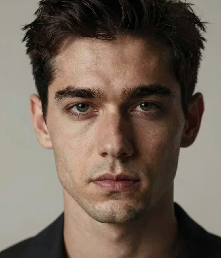 Portrait of a man with dramatic lighting, focusing on his expressive eyes and facial features, sophisticated chiaroscuro technique, palette of #1F1E1C and warm #F5F2EF highlights.
