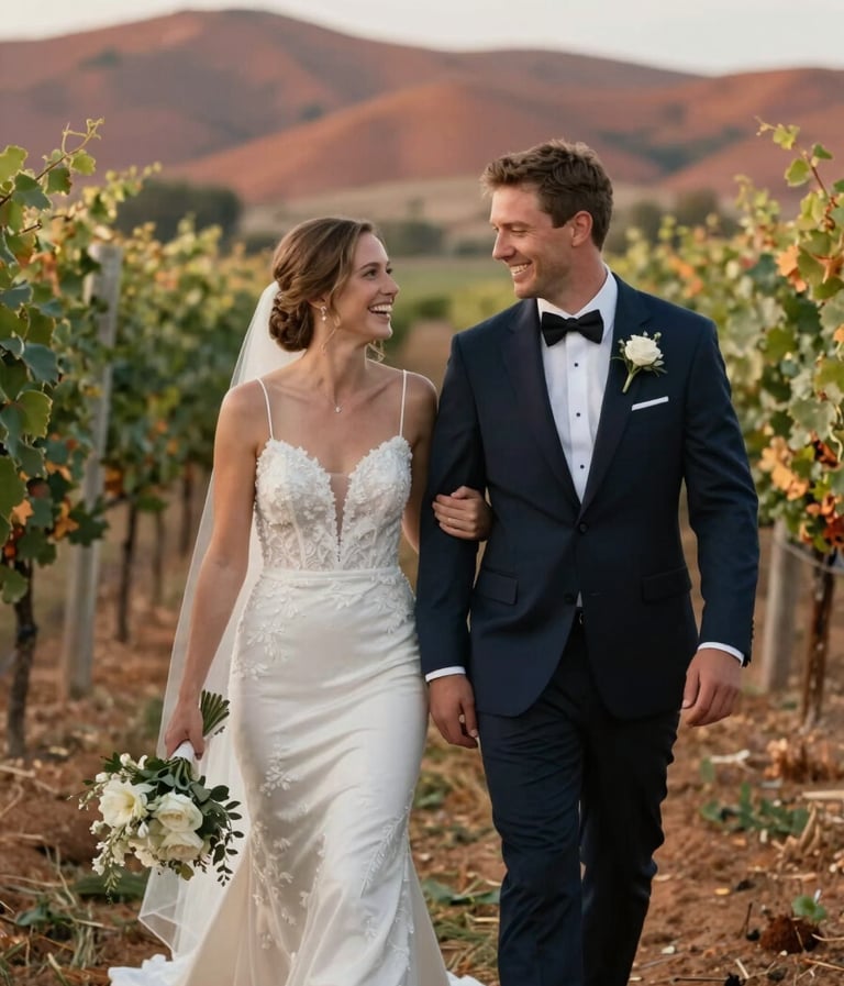 A medium shot of a bride and groom walking through a North American / US vineyard. They are looking at each other and laughing naturally. The palette features soft white and deep terracotta earth tones.