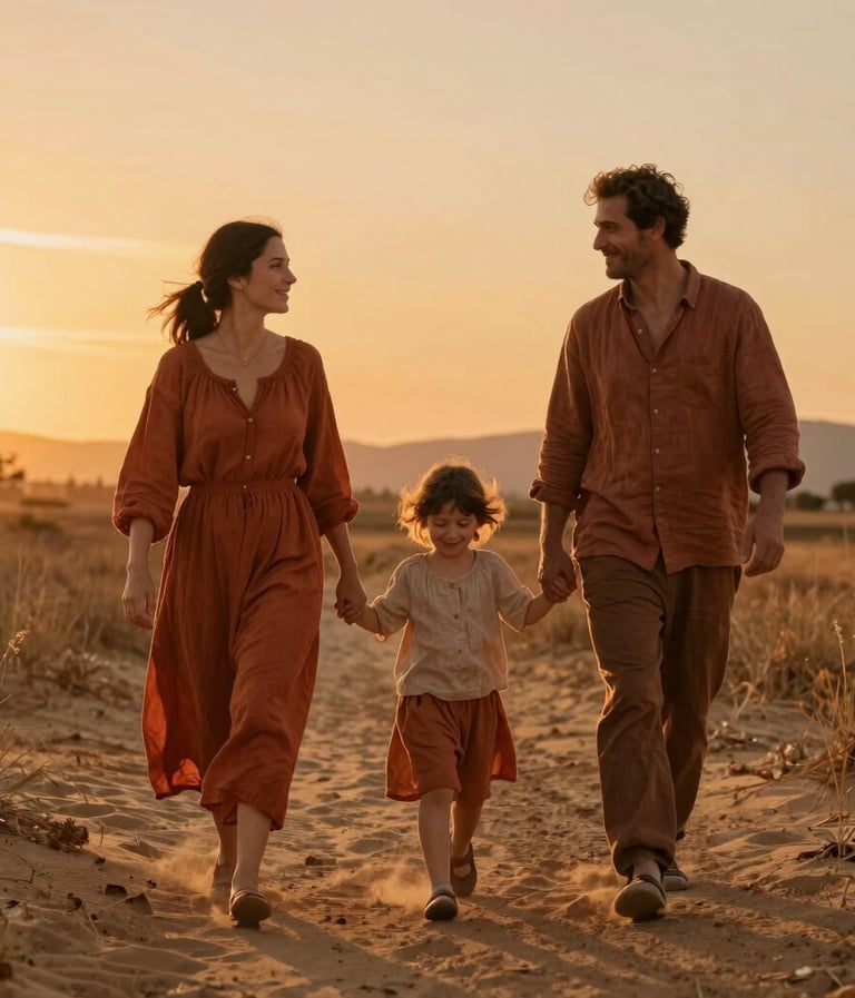 A cinematic, intimate lifestyle photograph of a small family walking through a warm sandy field in Spain / Southern Europe. The scene is bathed in the golden, orange glow of sunset, casting long shadows. Terracotta tones are woven into their linen clothing. Nostalgic, professional photography, natural expressions, and authentic joy.
