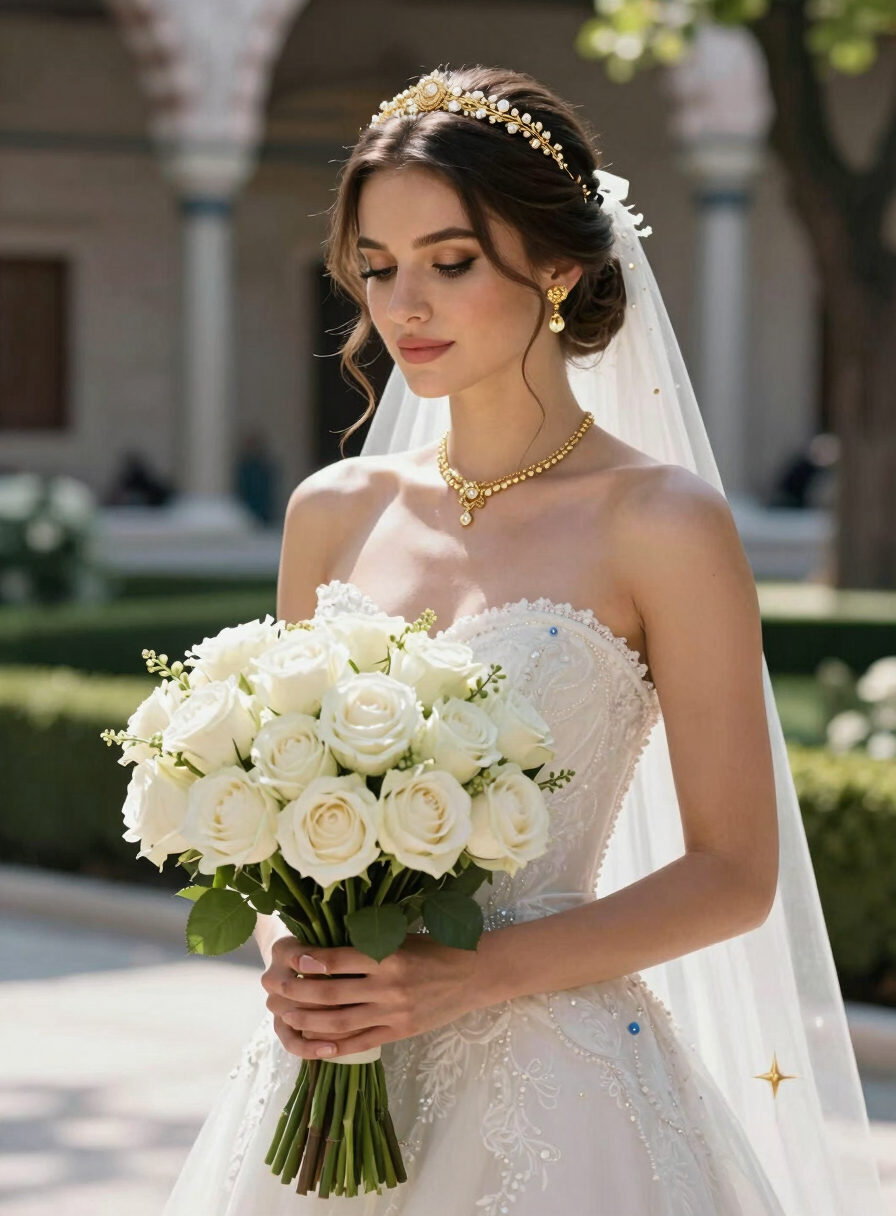 An elegant bride holding a lush bouquet of white roses, standing in a sun-drenched Turkish / Istanbul historical garden. Metallic gold details on her accessories shimmer in the soft light. Premium photography style.