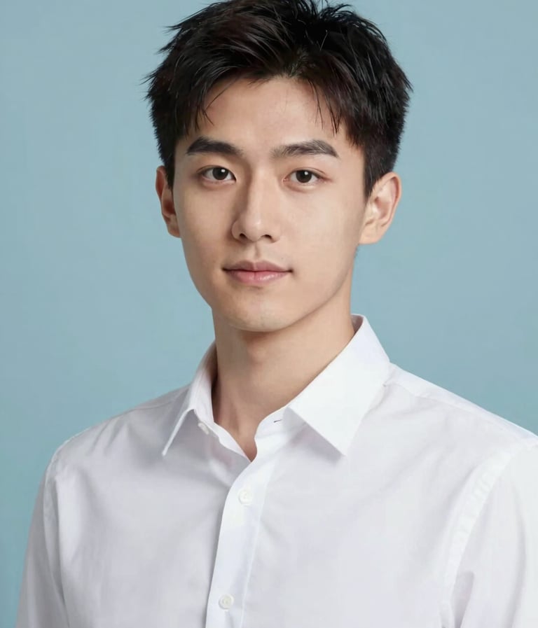 Elegant AI headshot of a person looking confident, soft blue studio background (#98C1D9), clean and modern aesthetic, professional lighting.