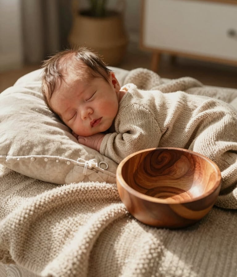A cinematic photograph of newborn photography props arranged in a sun-drenched North American / US home studio. Soft Sand colored knits and a Terracotta wooden bowl are featured. The lighting is warm and inviting, capturing the authentic and approachable mood of a lifestyle photographer.