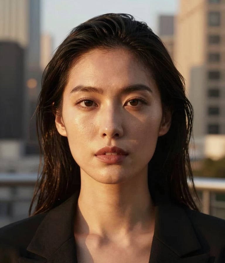 A high-end cinematic close-up portrait of a woman in a North American urban setting during golden hour. Warm light reflecting off her face, soft bokeh background of a luxury loft. Minimalist composition with tones of gold and black.