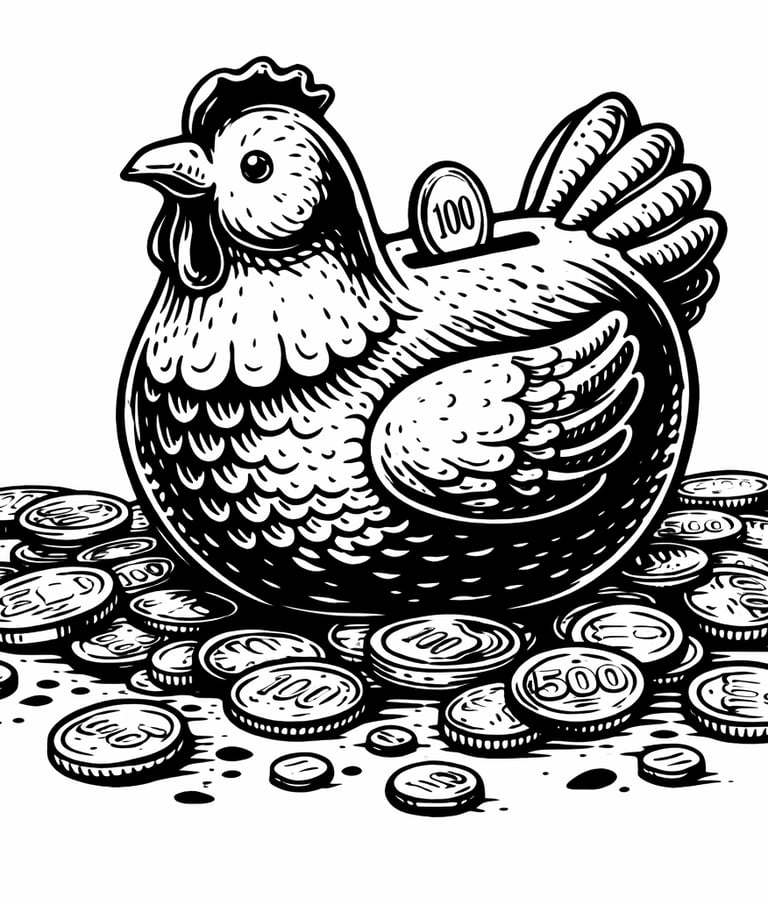 a hench sitting on top of coins in a basket