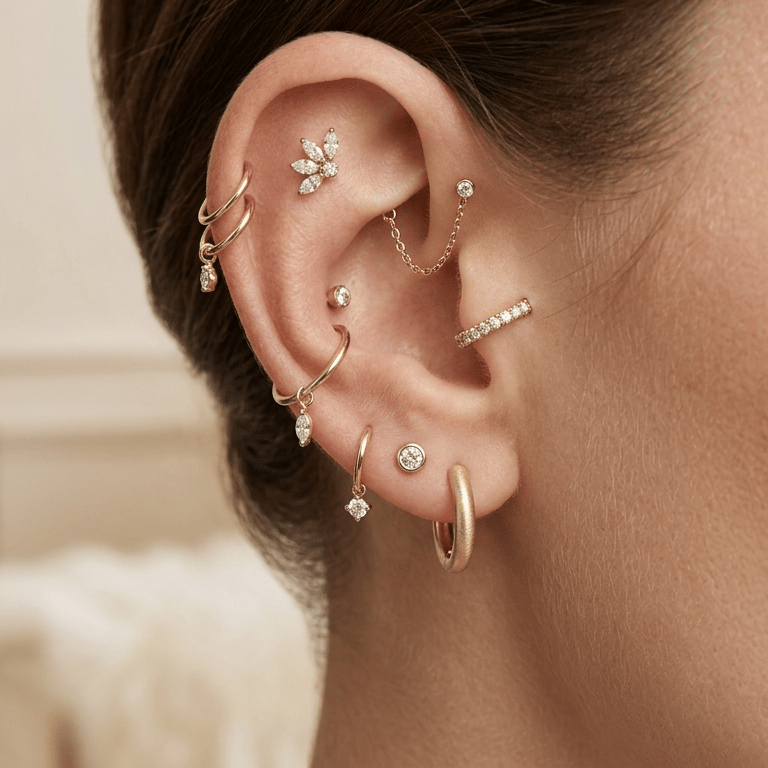 תקריב של אוזן עם מספר פירסינגים מזהב ויהלומים, כולל הליקס, טראגוס ותנוך