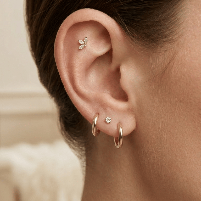 אוזן עם שילוב עגילי חישוק מזהב ופירסינג פלאט הליקס
