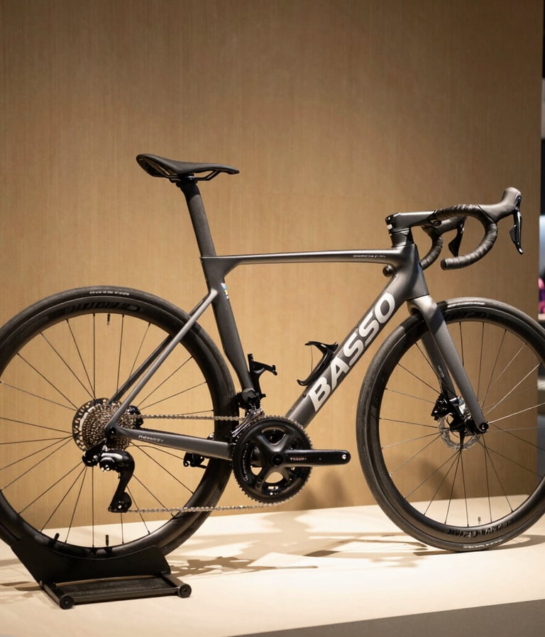 Close-up of a sleek black road bike frame with red accents against a dark background.