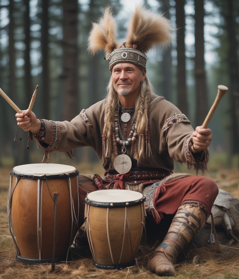 A close-up of a handcrafted wooden drum with intricate Viking carvings.