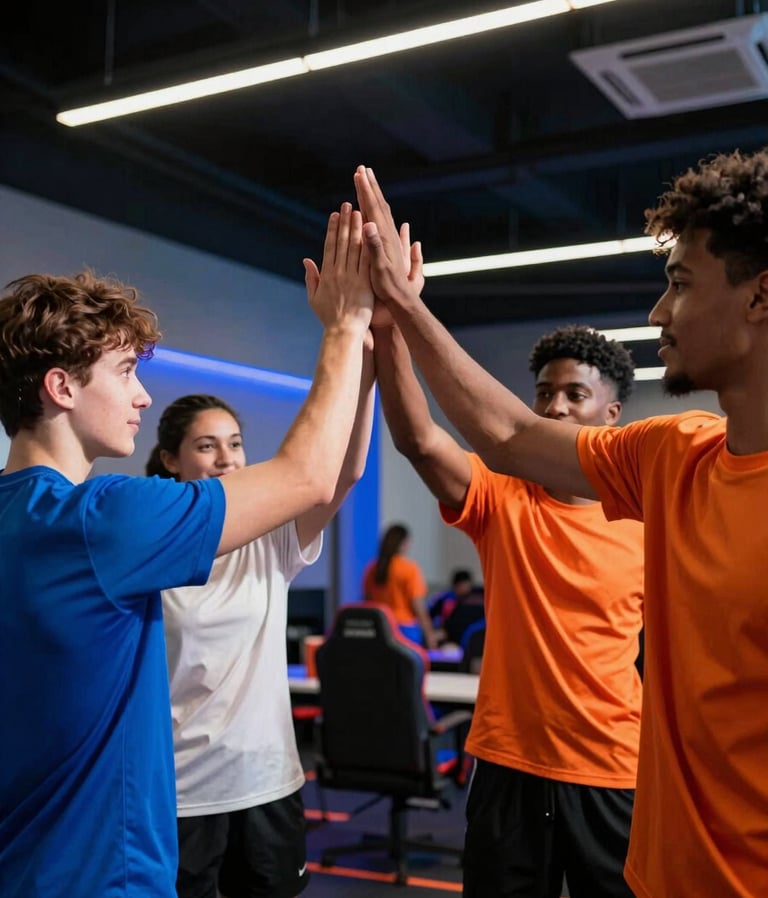 Portrait shot of a diverse group of young athletes and gamers high-fiving in a modern community center, dramatic natural sunlight and vibrant LED ambient light, low-angle heroic action shot, sharp focus, 35mm