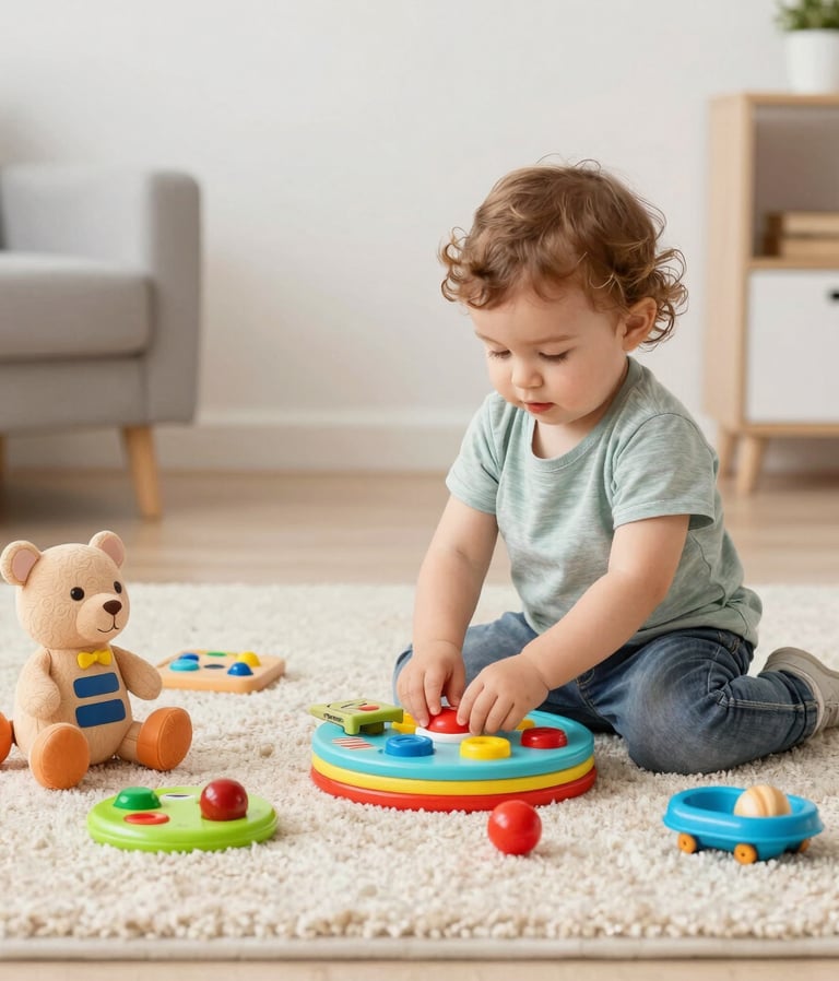 A colorful assortment of building blocks scattered on a play mat.