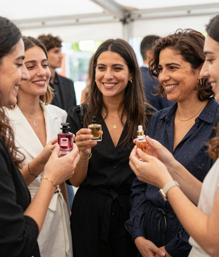 A close-up of elegant perfume miniatures arranged on a wooden surface with soft natural light.