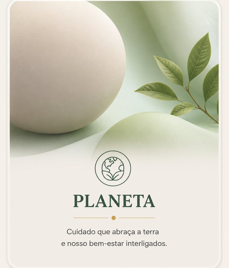 Design minimalista e ecológico com folhas verdes, esferas lisas  sobre o cuidado com o planeta.