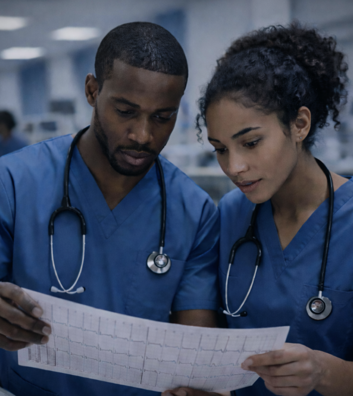 A pair of nurses in Coronary Care reviewing a twelve lead EKG.