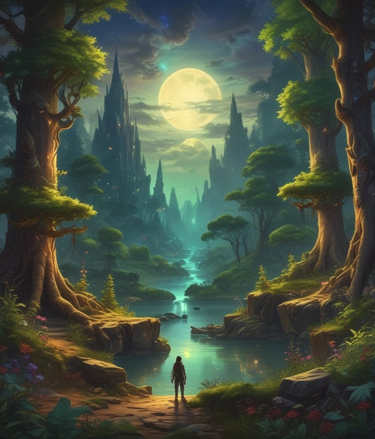 A vivid fantasy landscape with glowing castles under a starry sky.