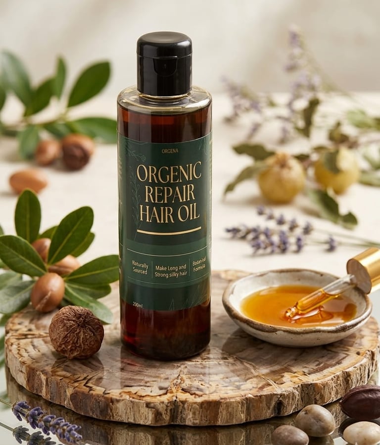 Orgena Organic Repair Hair Oil bottle with argan nuts, lavender, and a dropper for natural hair care treatment.