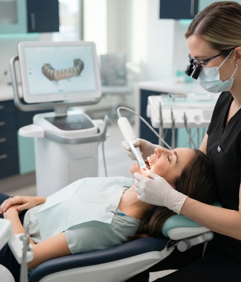 Professional editorial photography of a modern clinical dental setup with a digital scanner under bright, clean studio lighting with soft teal highlights.