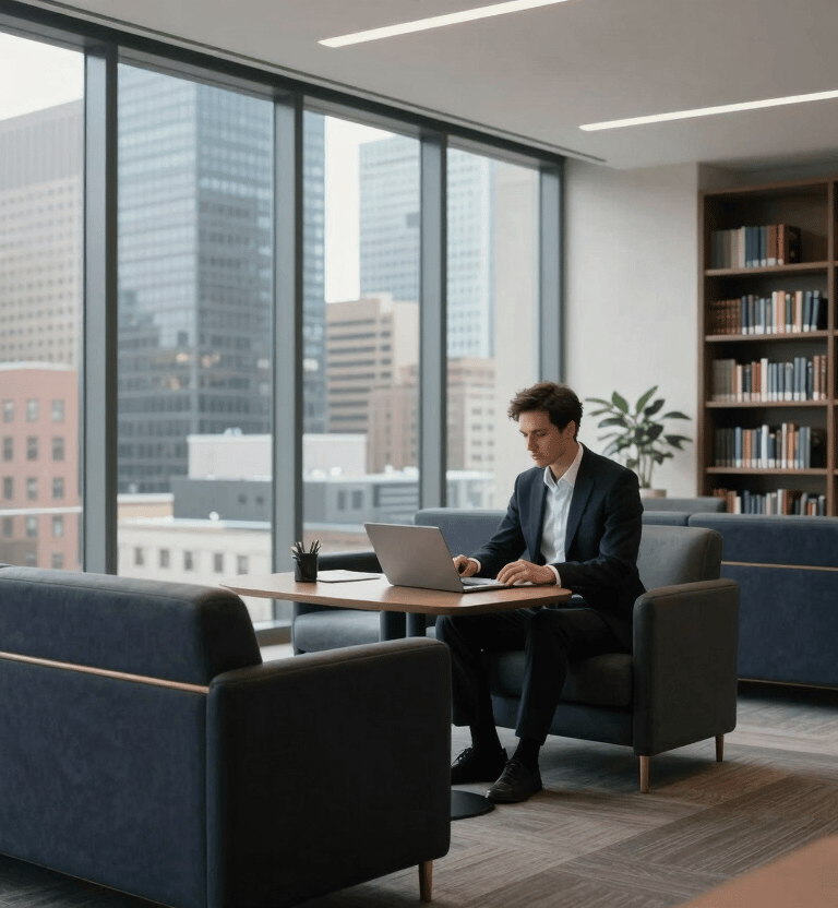 A high-end, modern corporate library in a North American business district. Deep navy and slate grey tones dominate the sleek furniture. Natural light streams in through floor-to-ceiling windows showing a urban skyline. A professional environment focused on data and strategy.