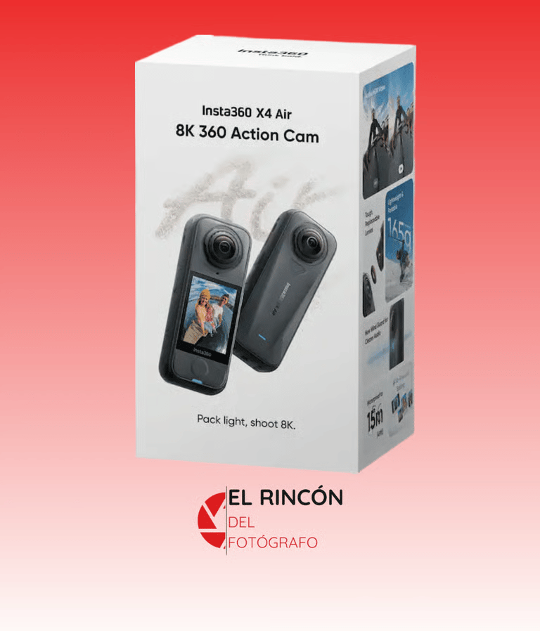 Insta360 X4 Air 8K 360 Action Cam retail box featuring dual lenses and waterproof design.