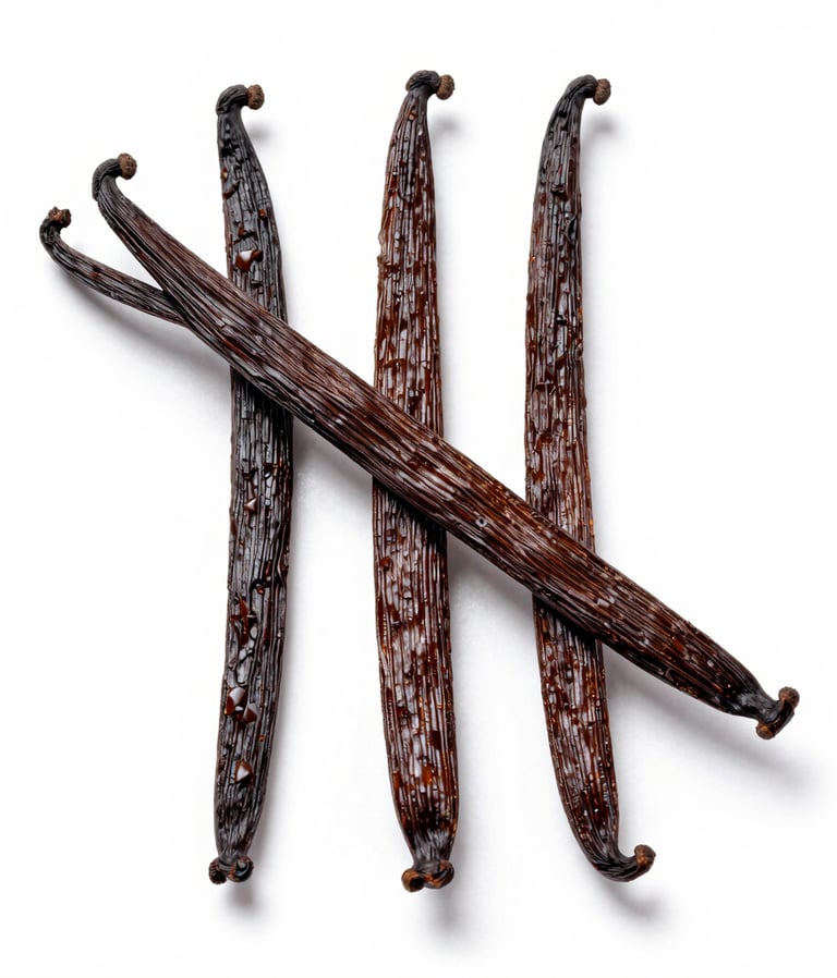Close-up of glossy, dark vanilla beans arranged on rustic wooden surface.