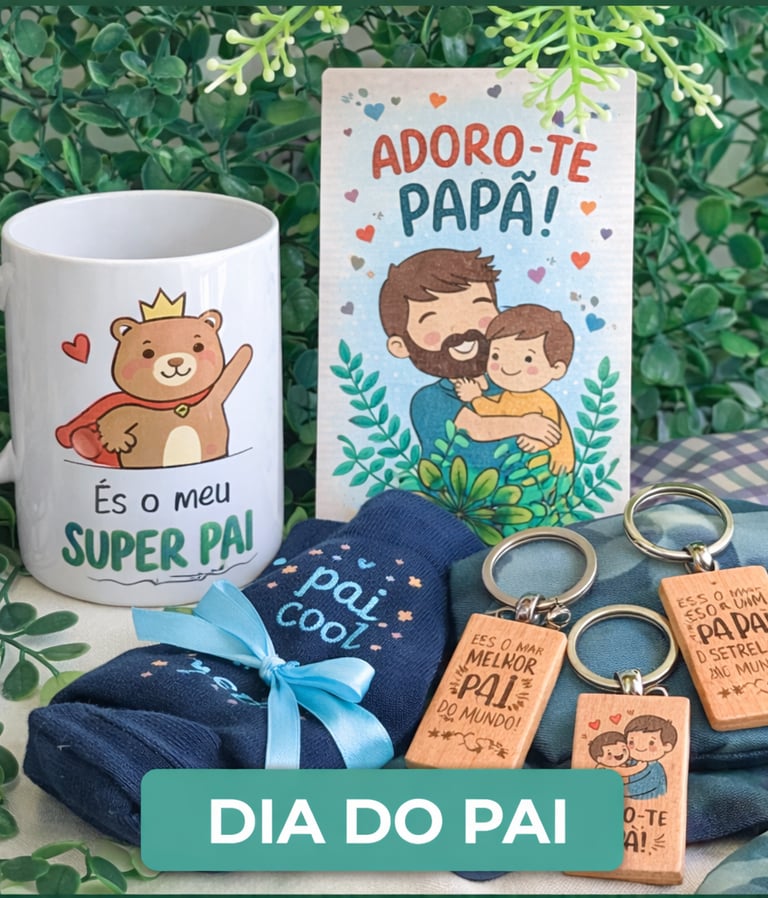 Father's Day gift set including a personalized mug, wooden keychains, and socks with Portuguese messages.
